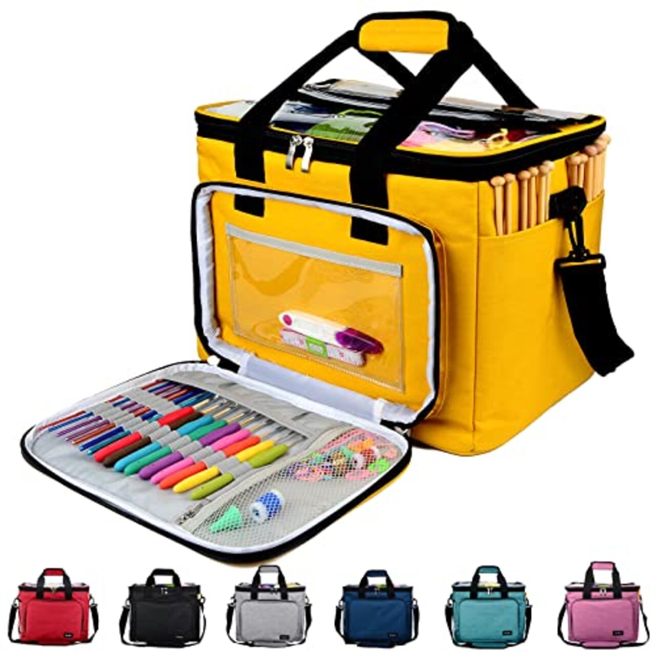 Hoshin Knitting Bag for Yarn Storage, High Capacity Yarn Totes Organizer with Inner Divider Portable for Carrying Project, Knitting Needles(up to 14”), Crochet Hooks, Skeins of Yarn (Yellow)
